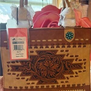 Brown and Tan Handbag with Turquoise Accent